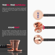 Load image into Gallery viewer, MDF® Classic Cardiology Dual Head Stethoscope with Stainless Steel Chestpiece and Headset (MDF797) - Rose Gold and Black
