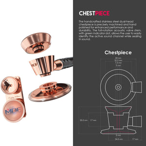 MDF® ProCardial® ER Premier® Cardiology Stainless Steel Dual Head Adult-Pediatric Stethoscope with Adult Cardiology Bell Convertible Attachment (MDF797DD) - Rose Gold and Black