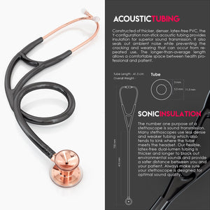 MDF® ProCardial® ER Premier® Cardiology Stainless Steel Dual Head Adult-Pediatric Stethoscope with Adult Cardiology Bell Convertible Attachment (MDF797DD) - Rose Gold and Black